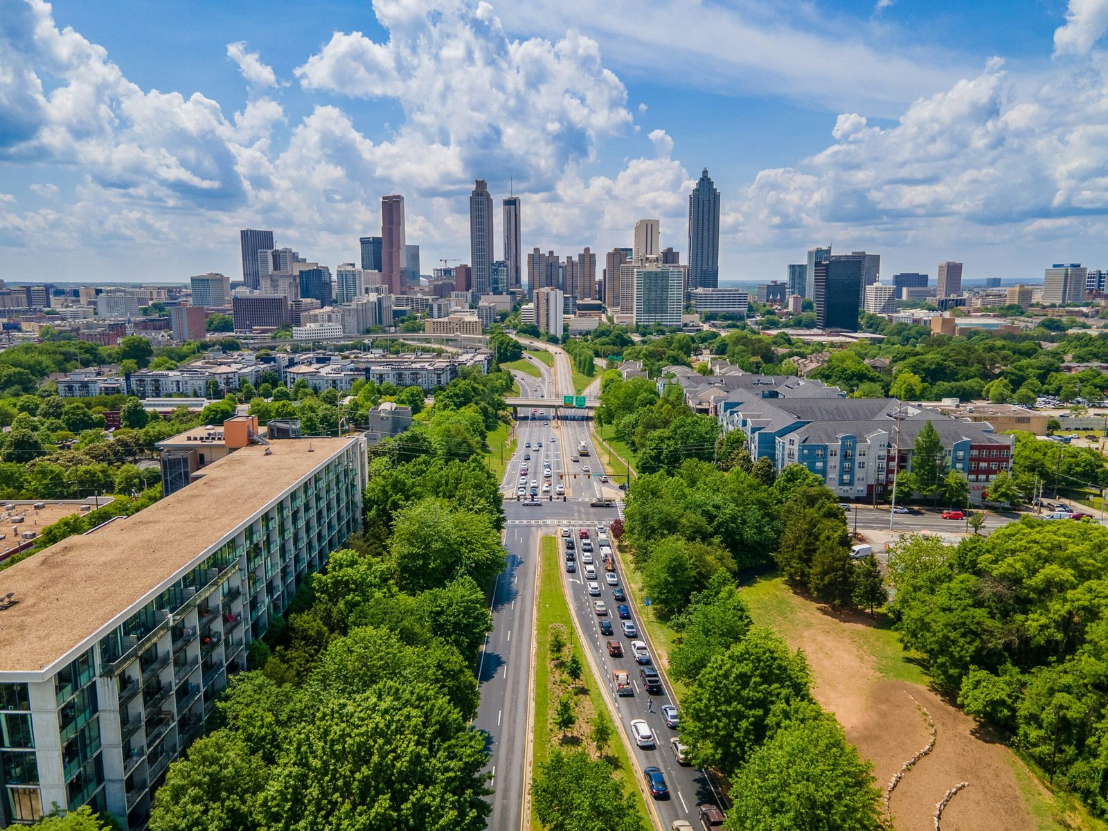 Atlanta skyline with green neighborhoods