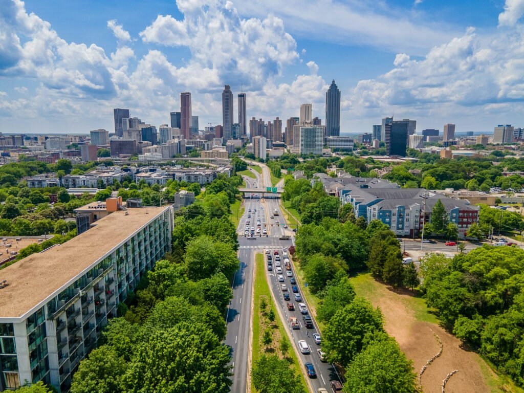 Aerial view of the Atlanta skyline and Downtown Atlanta